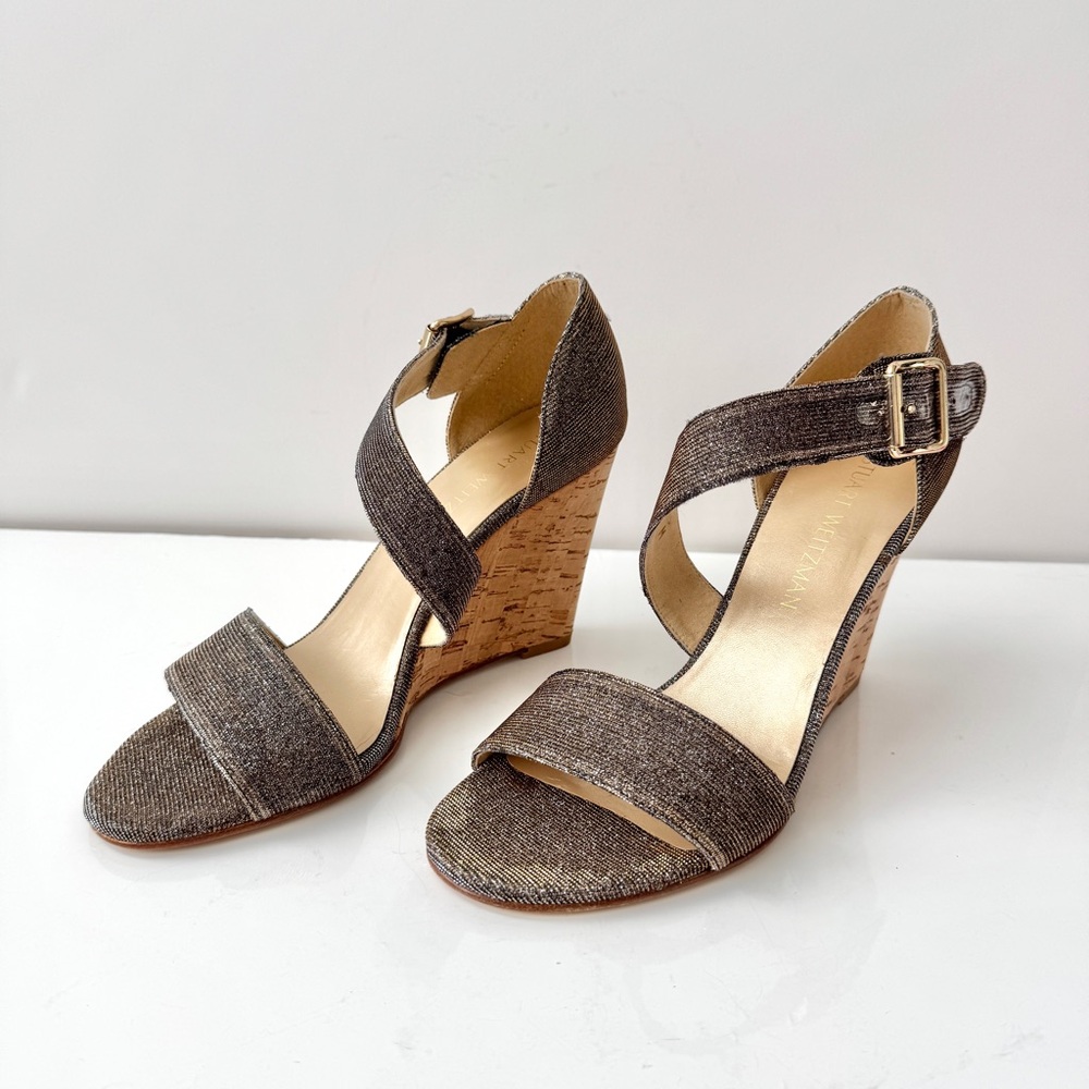 Stuart Weitzman Lineone Pyrite Nocturn Cork Wedge Ankle Strap Sandals Size 8 M